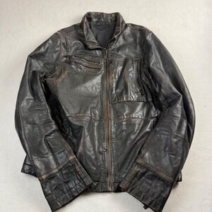 Rogue State Mens Distressed Black Leather Biker Moto Jacket Quilted Large L/G